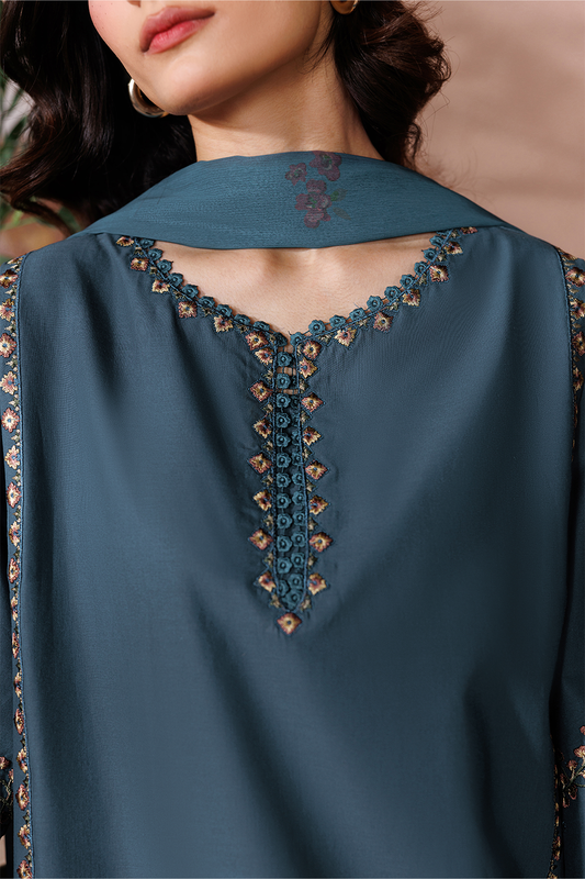 Petrol Blue Embroidered Lawn Co-Ord Set 2 Piece – MJ Collections