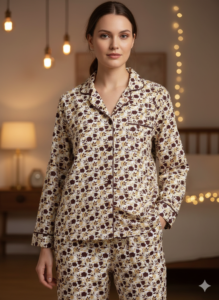 Digital Printed Night Suit - PNS-016 White Brown Flower