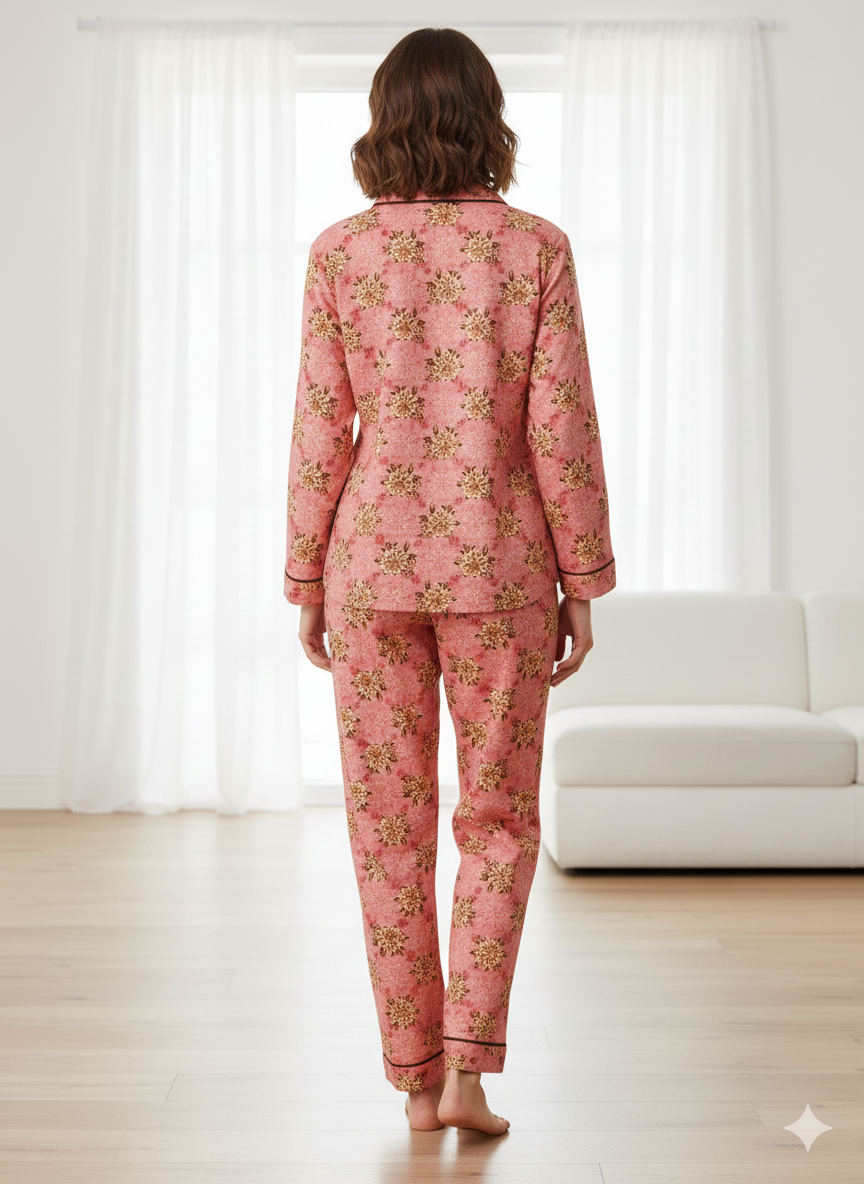 Digital Printed Night Suit - PNS-013 Pink Brown Flowe