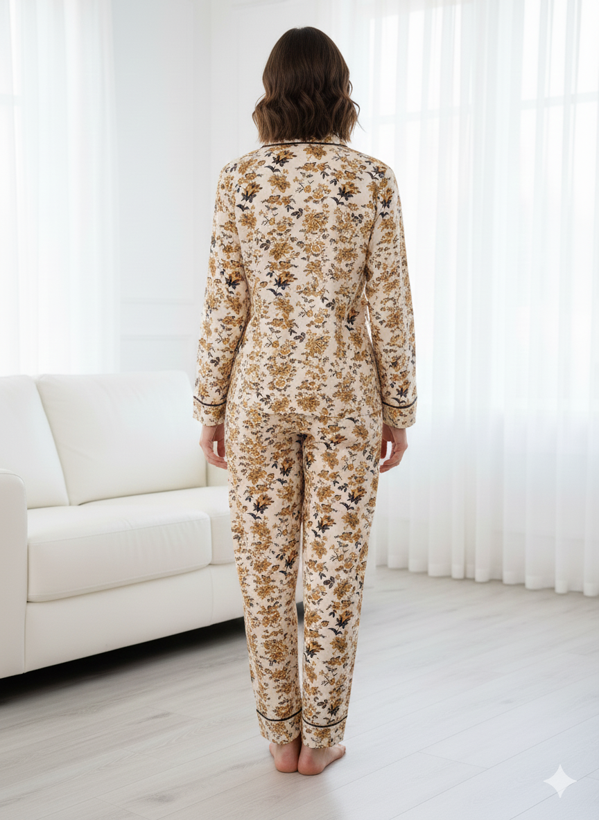 Digital Printed Night Suit - PNS-014 Black Brown flower