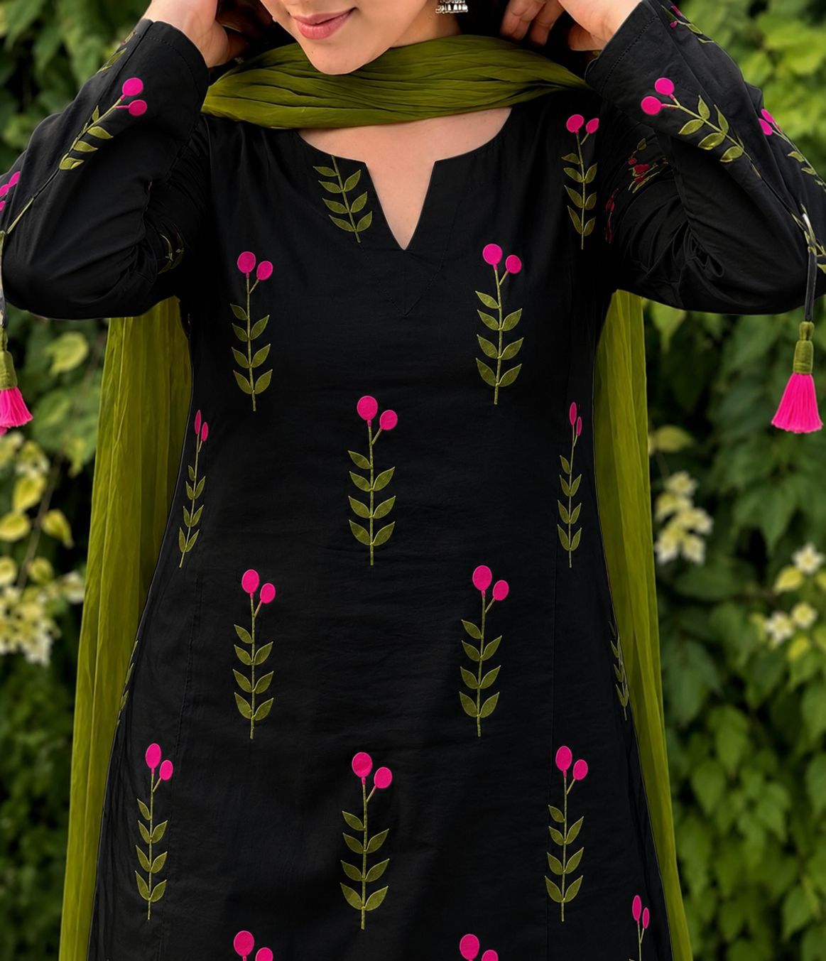 Premium Black Green Leaf kurti
