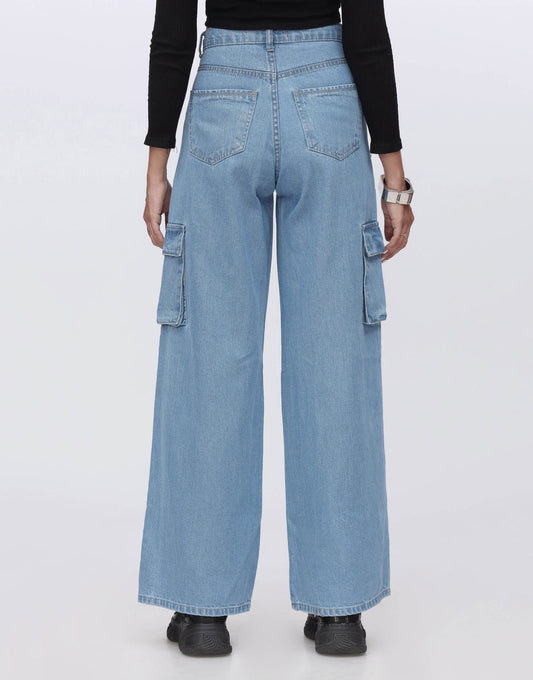High Rise Wide Leg Flap Pocket Cargo Jeans Mid Wash