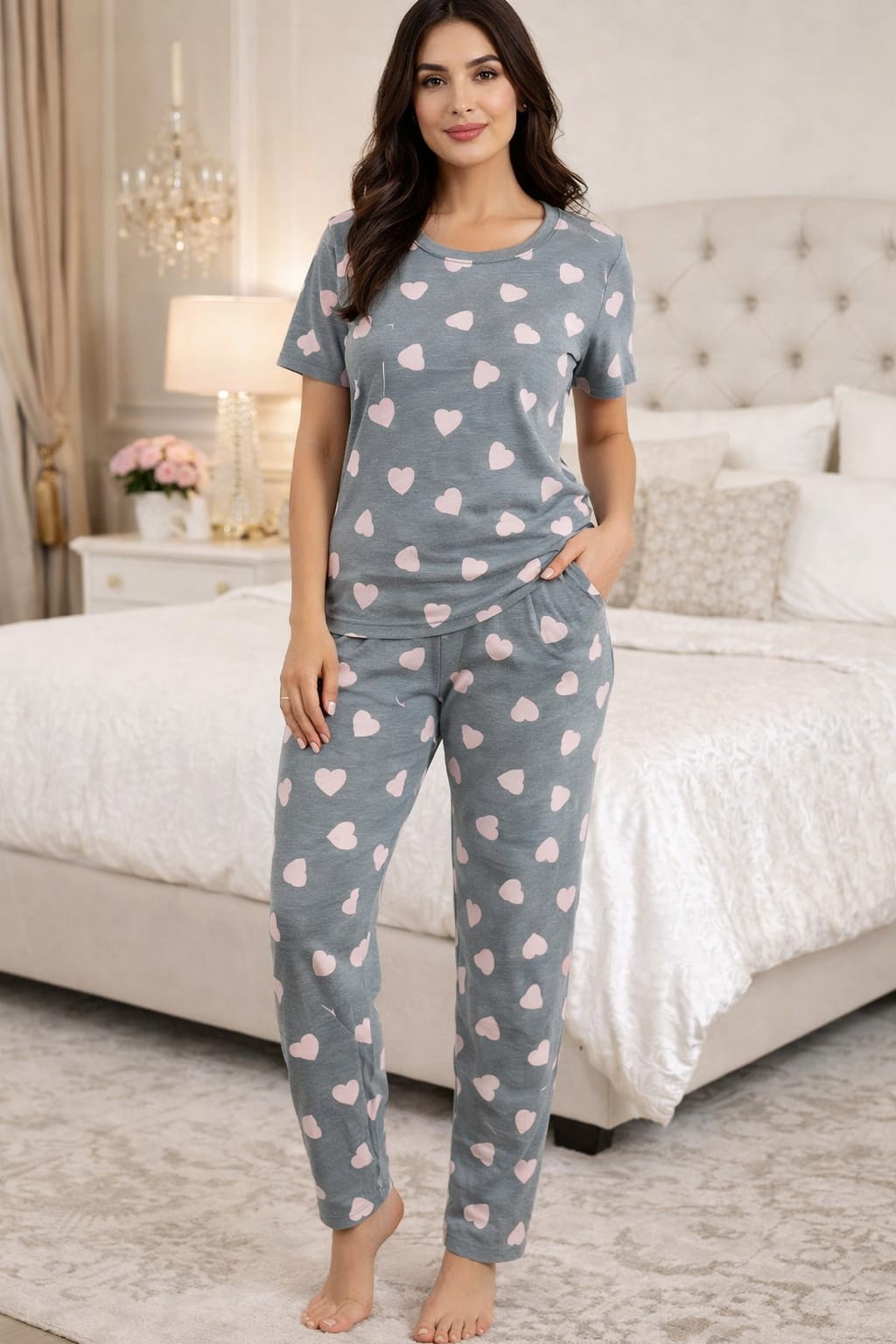 Pink Multi heart gray printed PJ Suit