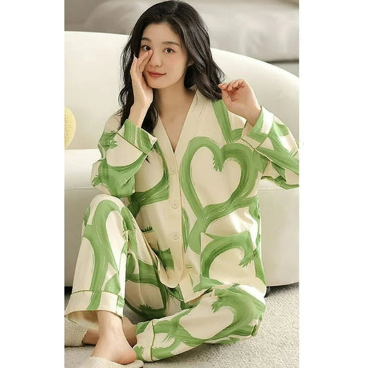 Off White with Green Hearts Printed V-Neck Button Printed PJ Set