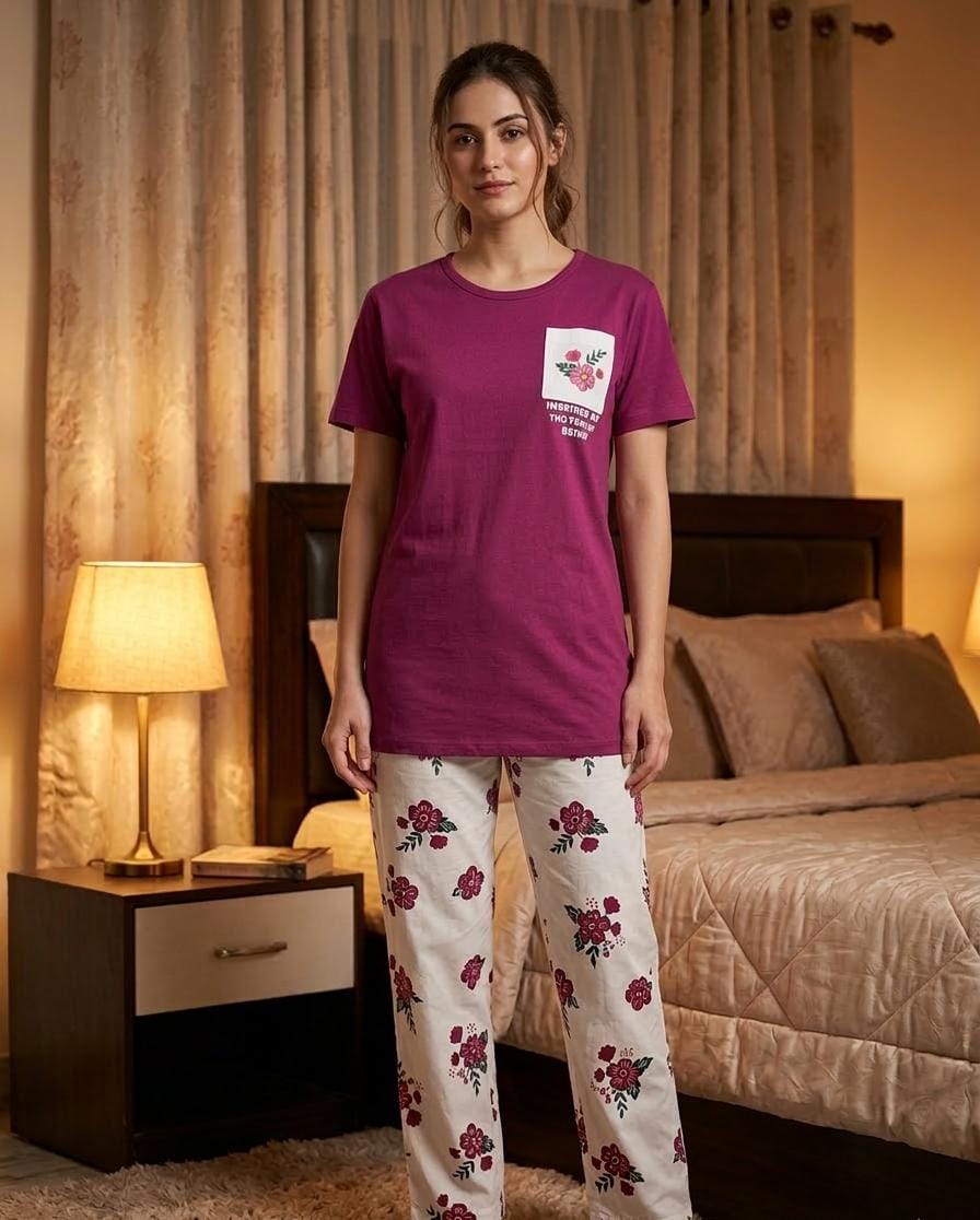Mehroon Pocket Flower PJ Suit
