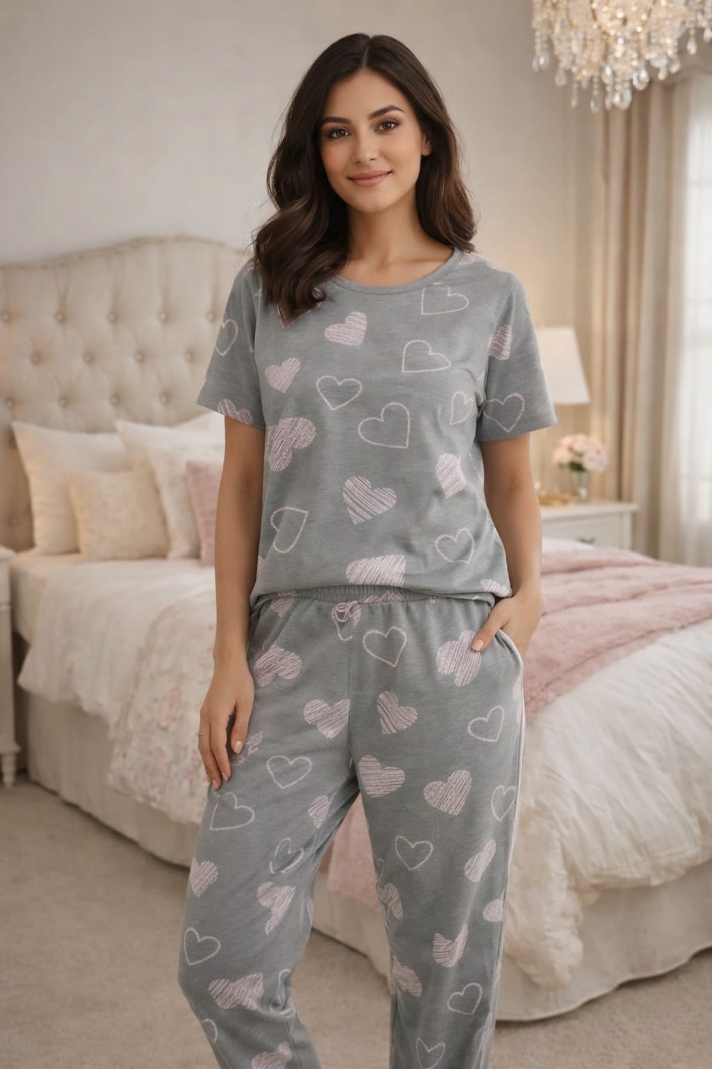 Gray Heart pattren Printed PJ Suit