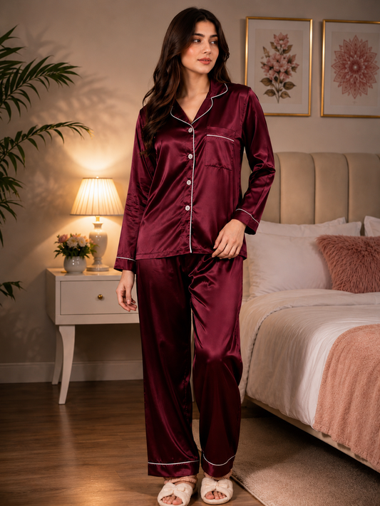 Mehroon Plain Silk Suit – Baggy Trouser