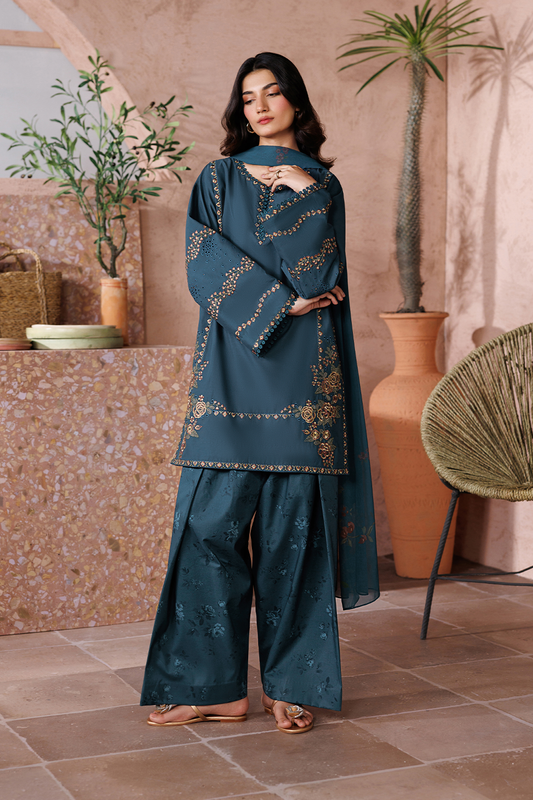 Petrol Blue Embroidered Lawn Co-Ord Set 2 Piece – MJ Collections