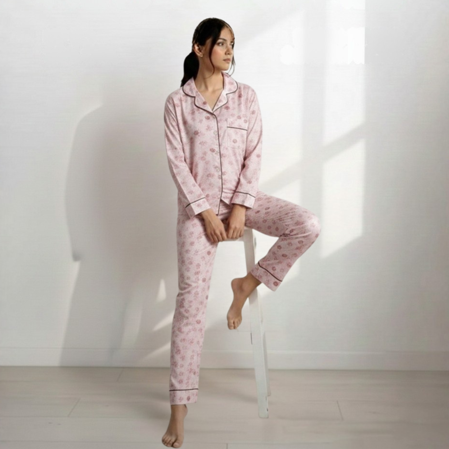 Digital Printed  Night Suit - PNS-012 Light Pink Brown Flower