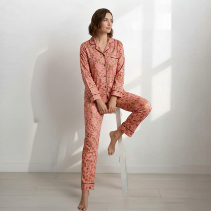 Digital Printed  Night Suit - PNS-013 Pink Brown Flowe