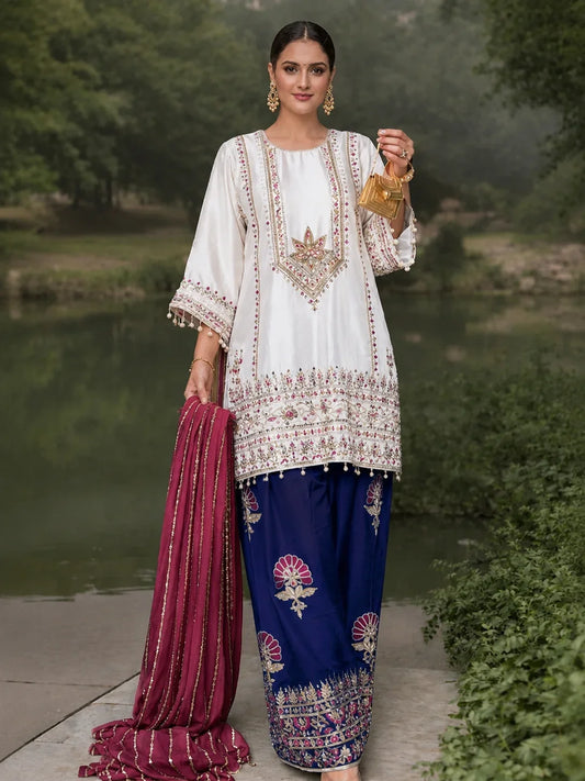 White & Navy Embroidered Lawn Co-Ord Set 2 Piece – MJ Collections