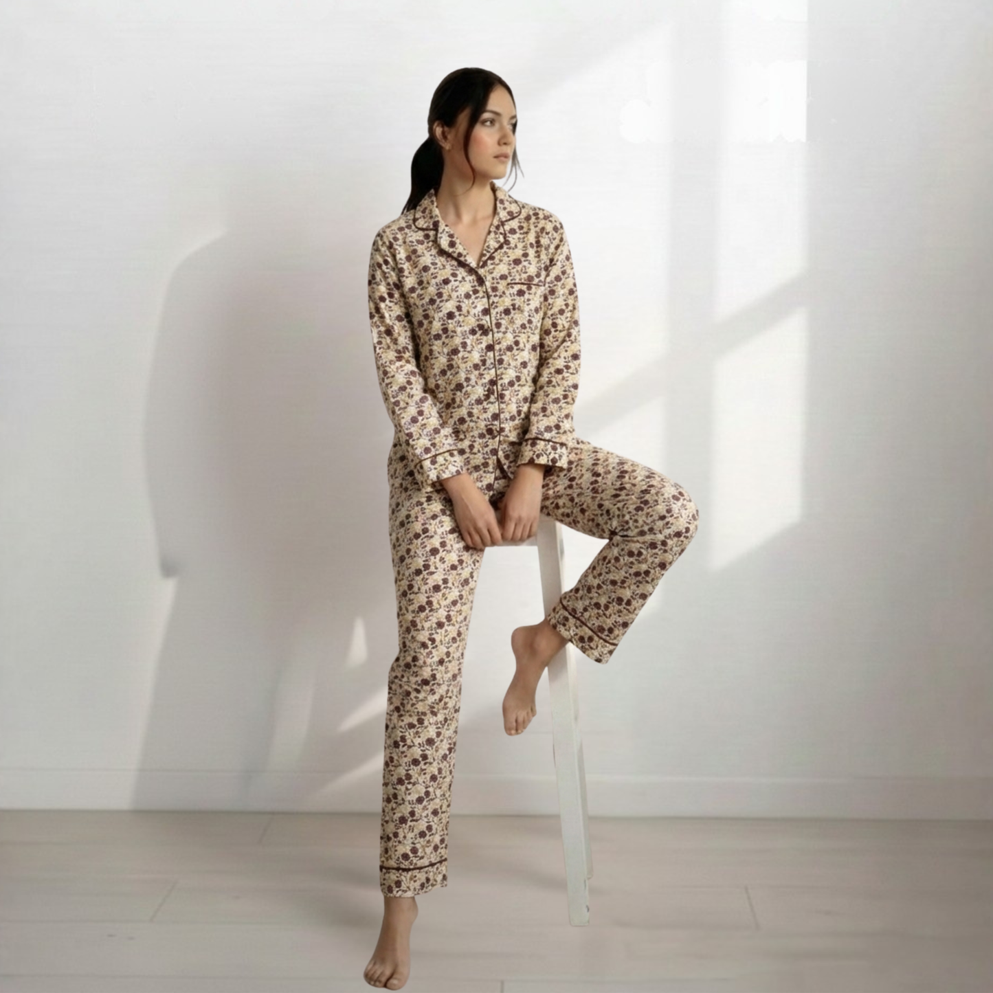 Digital Printed  Night Suit - PNS-016 White Brown Flower