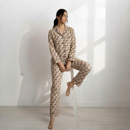 Digital Printed  Night Suit - PNS-016 White Brown Flower