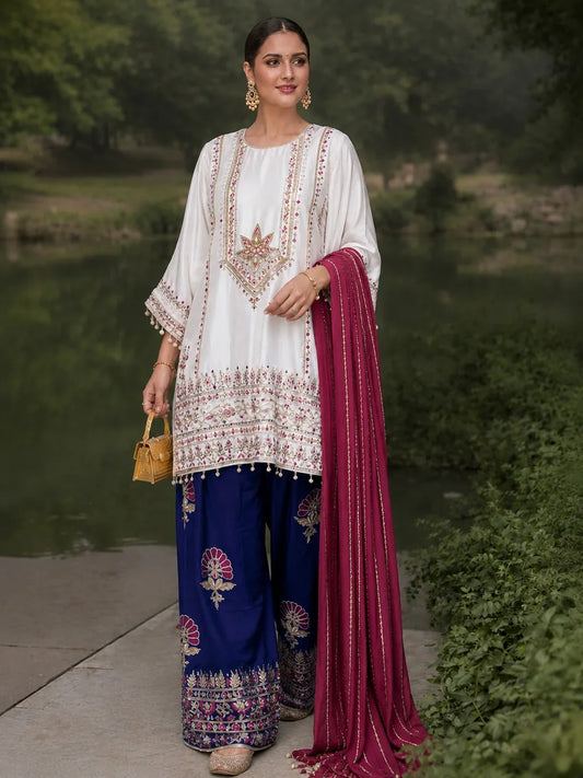 White & Navy Embroidered Lawn Co-Ord Set 2 Piece – MJ Collections