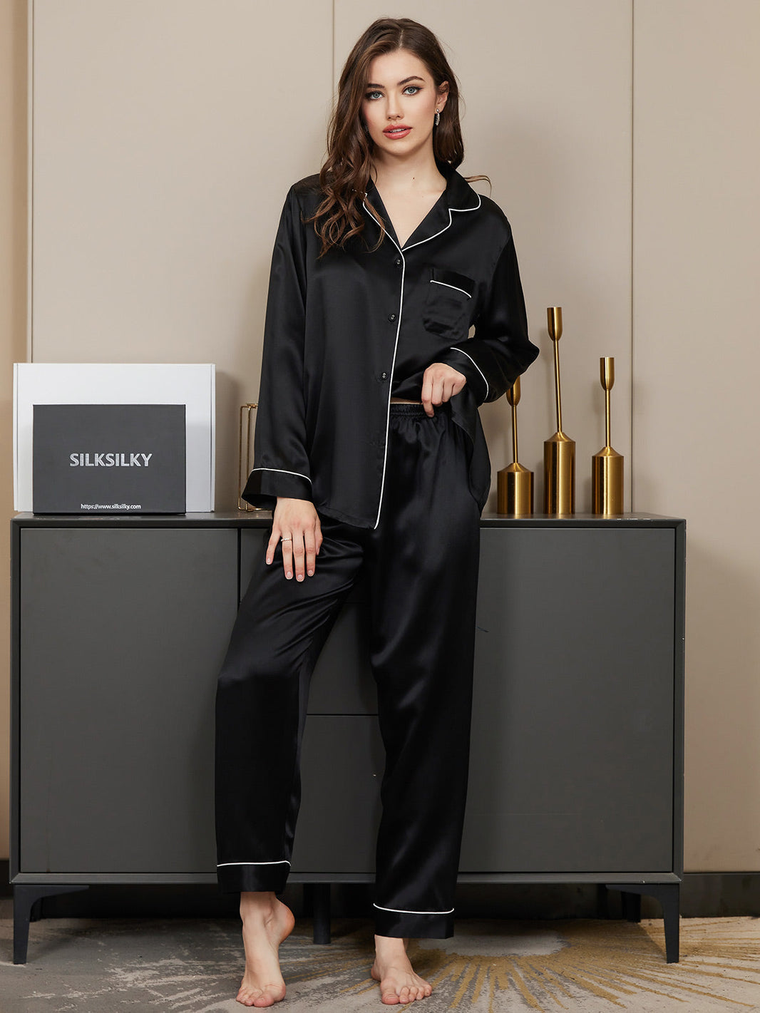PLAIN SILK NIGHT SUIT - BLACK (Baggy trouser)