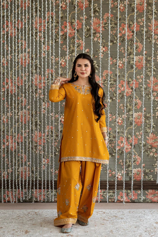Mustard Yellow Embroidered Lawn Co-Ord Set 2 Piece – MJ Collections