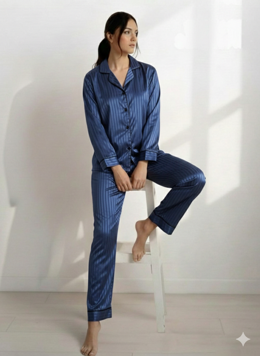 Digital Printed  Night Suit - PNS-024 Navy Blue Stripe