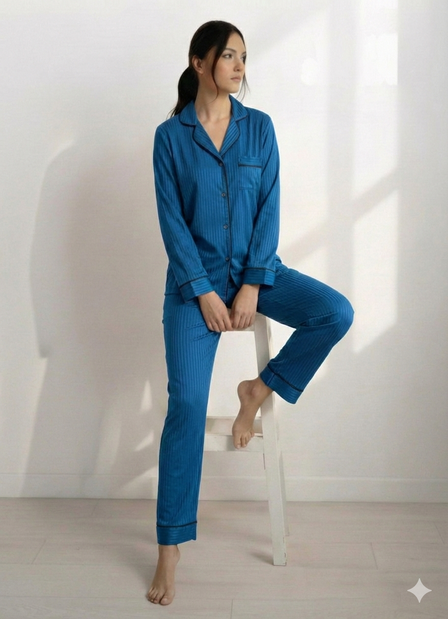 Digital Printed Night Suit - PNS-025 Stripe Dark Blue