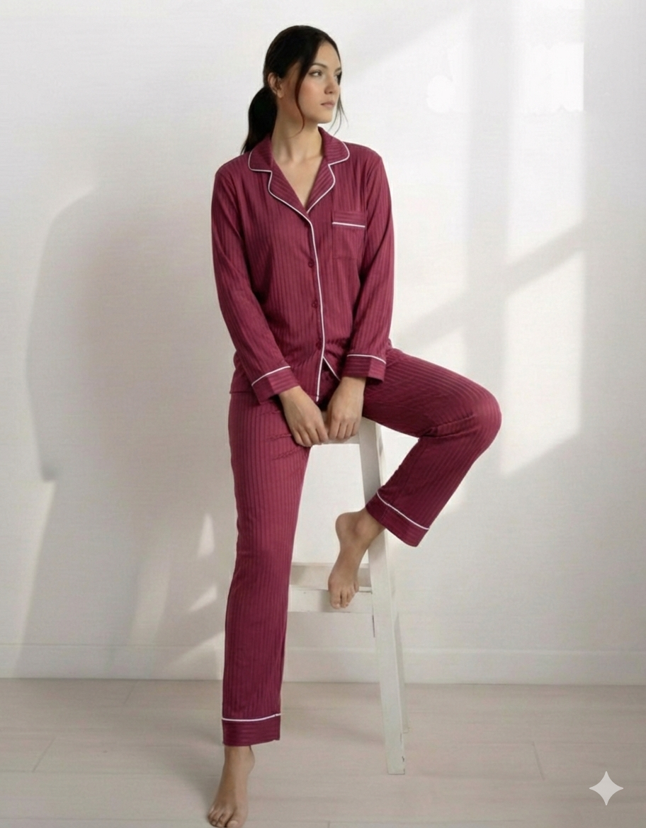 Digital Printed  Night Suit - PNS-023 Red Stripe