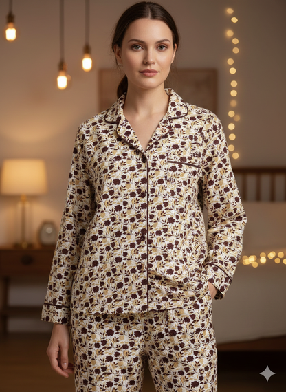 Digital Printed  Night Suit - PNS-016 White Brown Flower