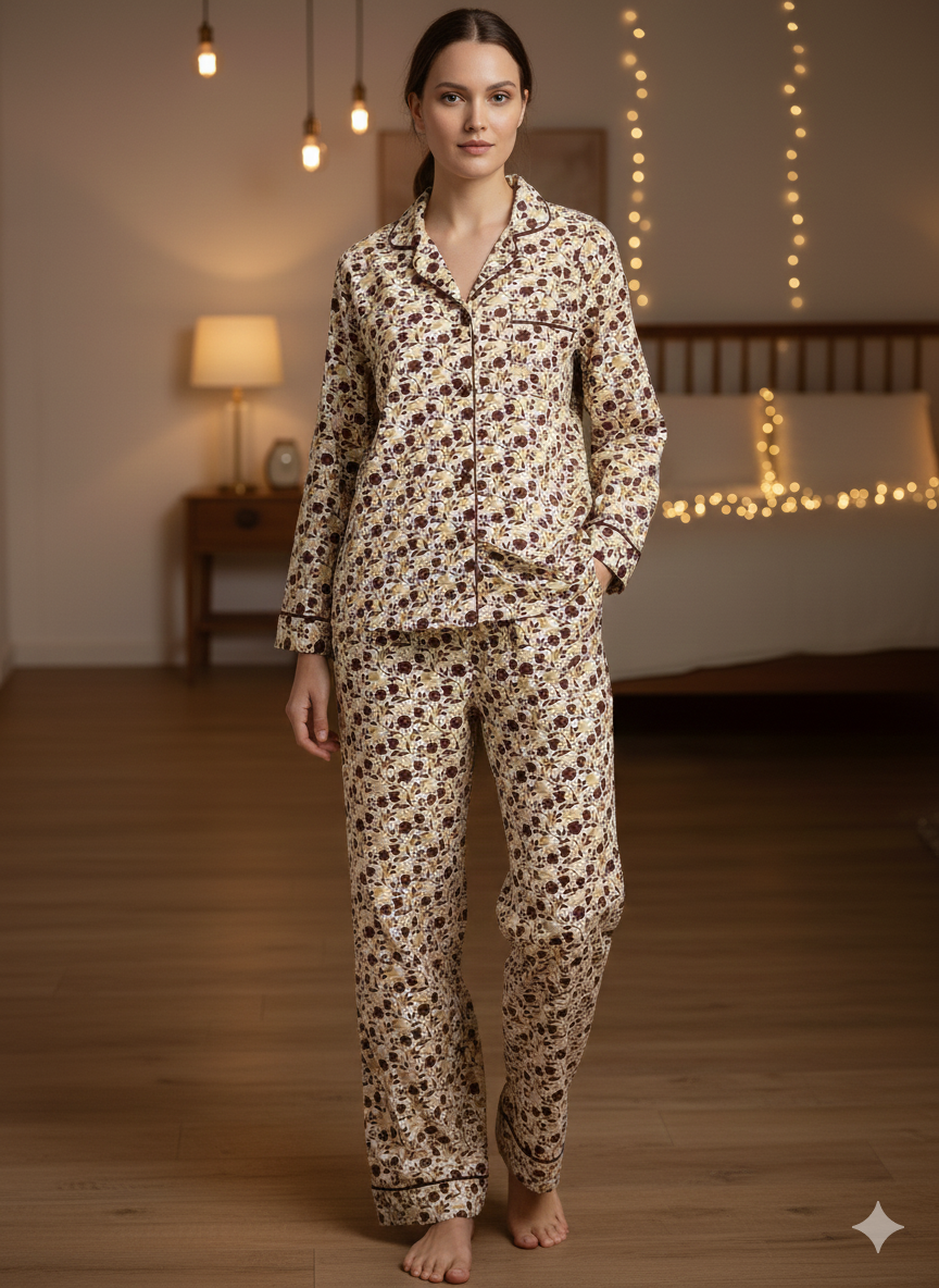 Digital Printed  Night Suit - PNS-016 White Brown Flower