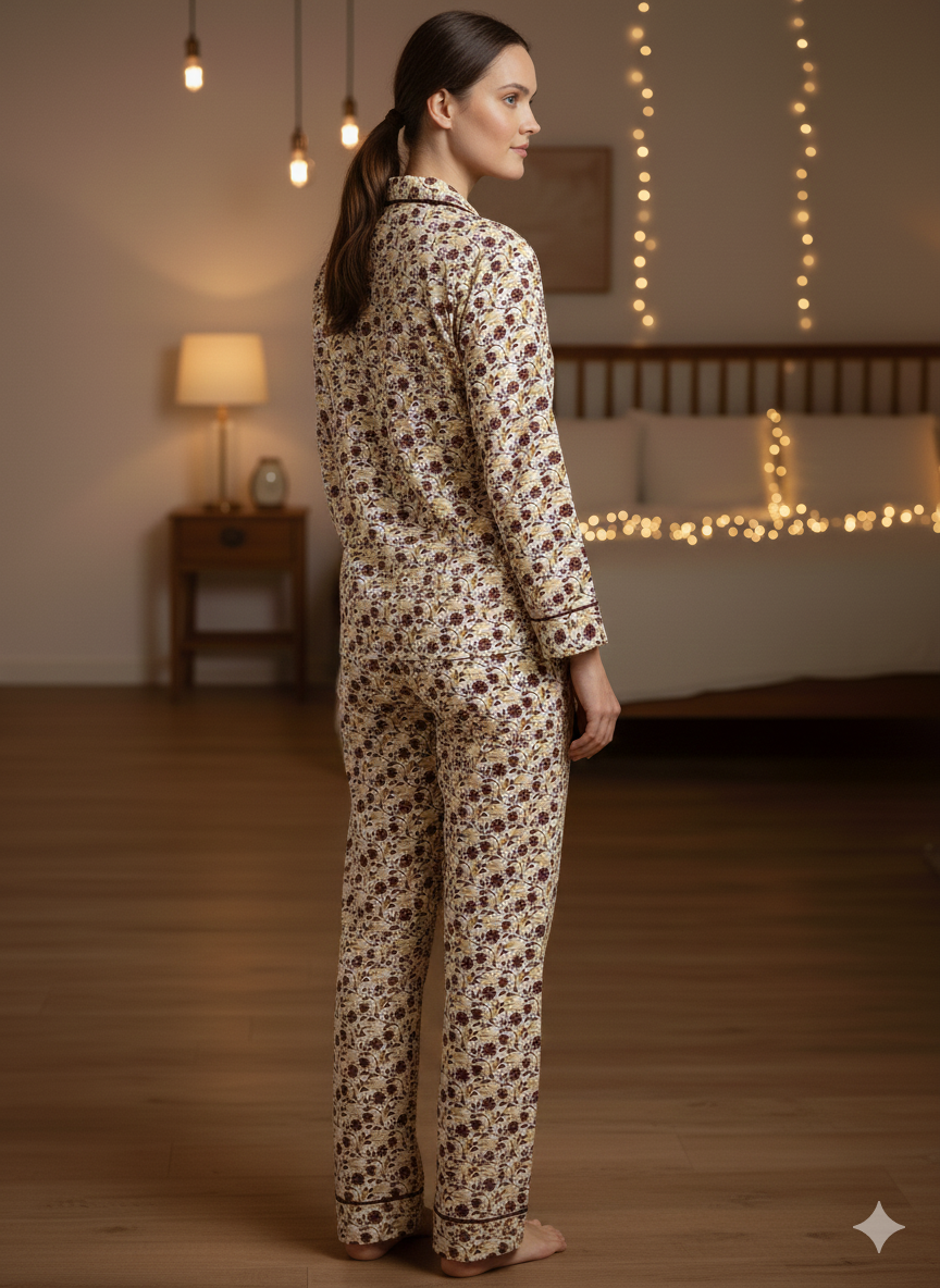 Digital Printed  Night Suit - PNS-016 White Brown Flower