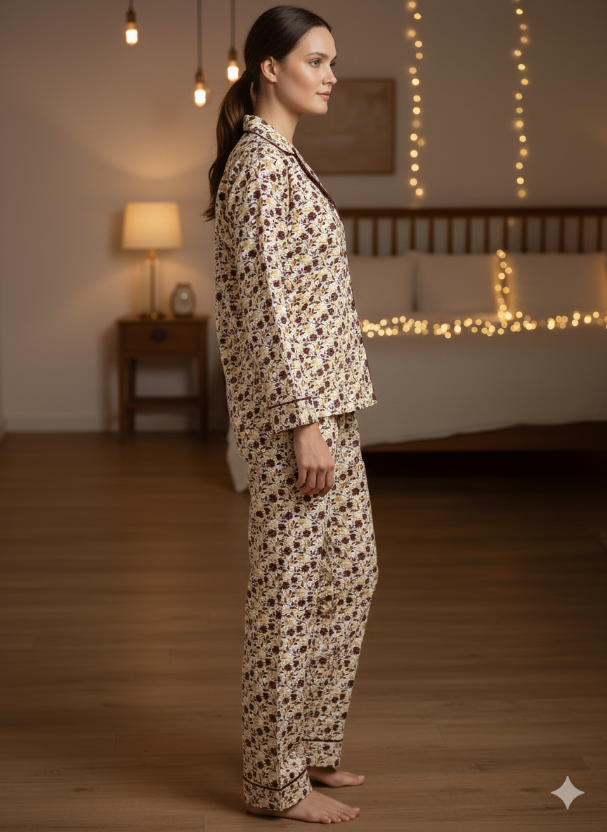 Digital Printed  Night Suit - PNS-016 White Brown Flower