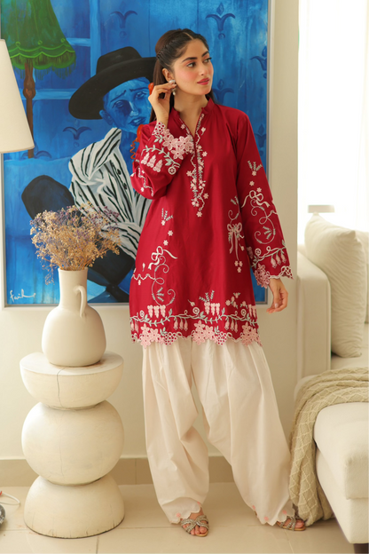 Cherry Red Embroidered Lawn Co-Ord Set 2 Piece – MJ Collections