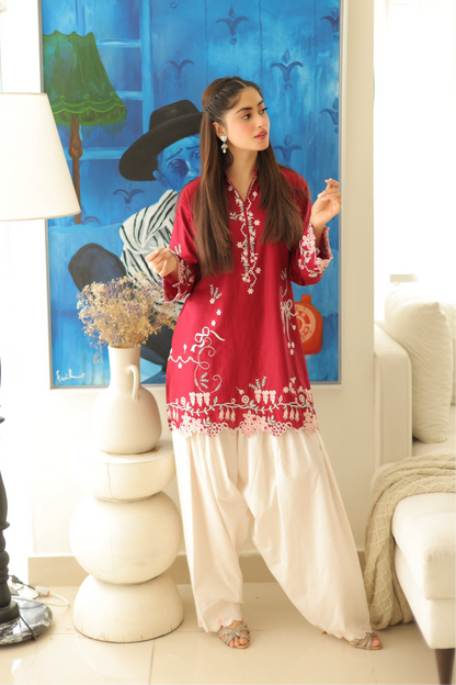 Cherry Red Embroidered Lawn Co-Ord Set 2 Piece – MJ Collections