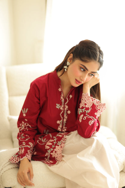 Cherry Red Embroidered Lawn Co-Ord Set 2 Piece – MJ Collections