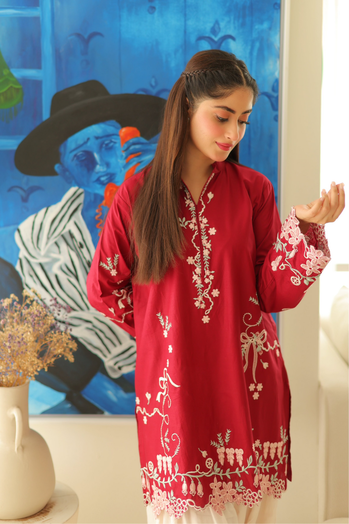 Cherry Red Embroidered Lawn Co-Ord Set 2 Piece – MJ Collections