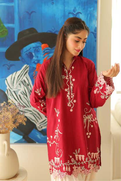 Cherry Red Embroidered Lawn Co-Ord Set 2 Piece – MJ Collections