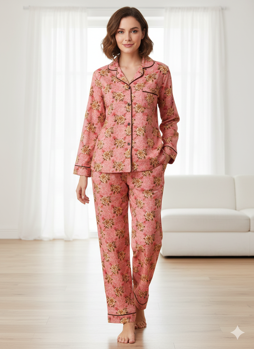 Digital Printed  Night Suit - PNS-013 Pink Brown Flowe