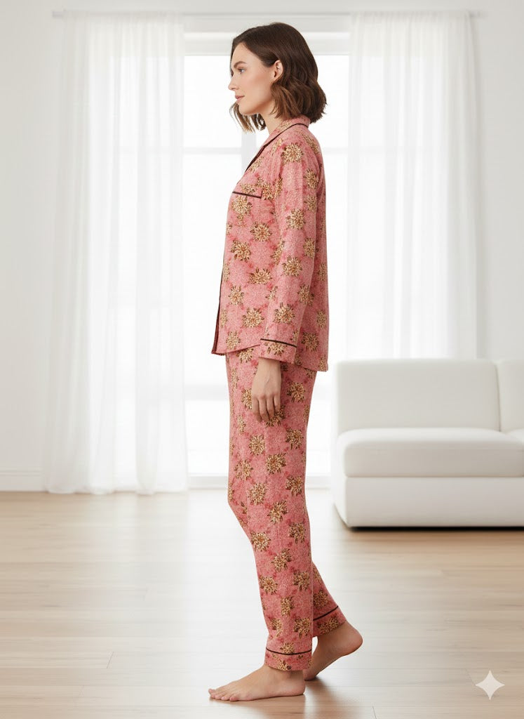 Digital Printed  Night Suit - PNS-013 Pink Brown Flowe