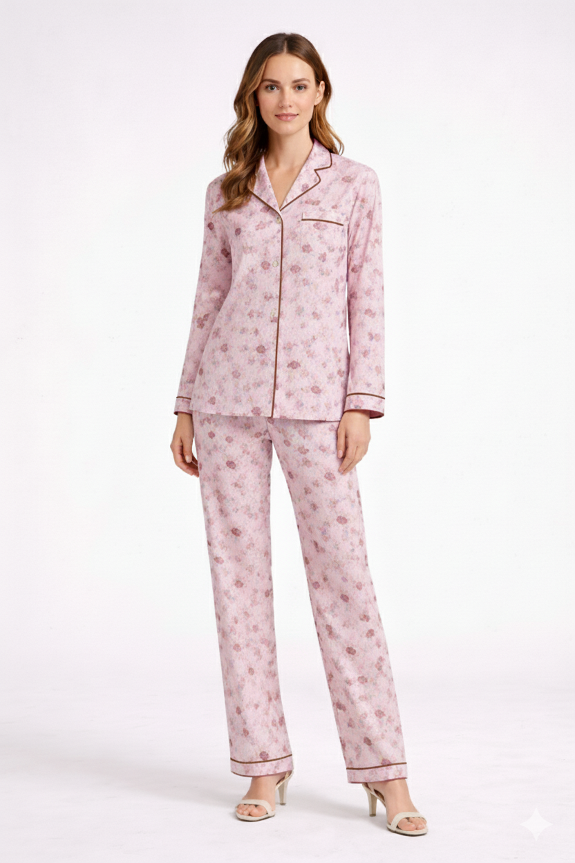 Digital Printed  Night Suit - PNS-012 Light Pink Brown Flower