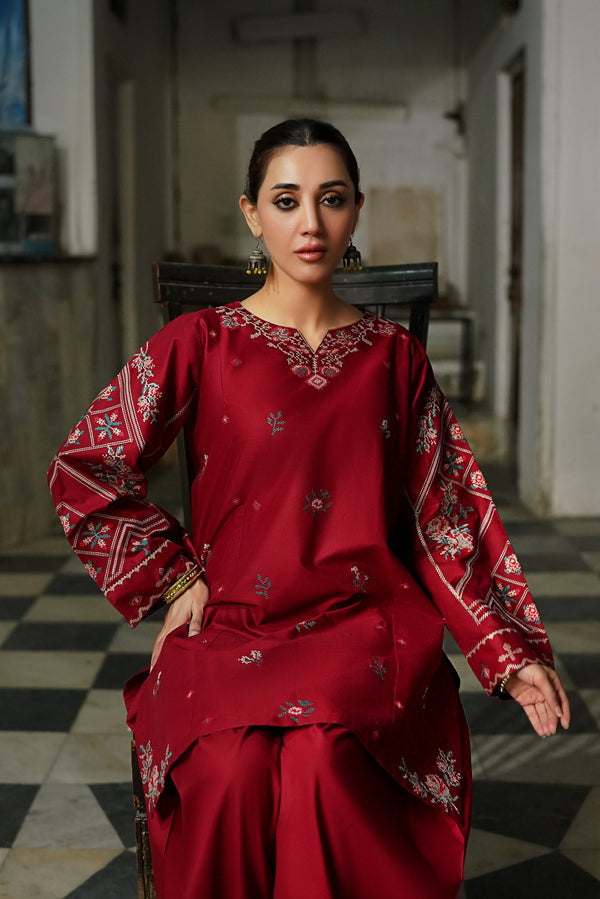 Crimson Red Embroidered Lawn Co-Ord Set 2 Piece – MJ Collections