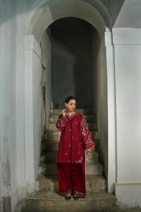 Crimson Red Embroidered Lawn Co-Ord Set 2 Piece – MJ Collections