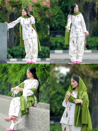Premium White Green Leaf kurti