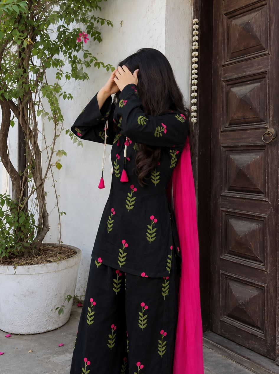 Premium Black Green Leaf kurti
