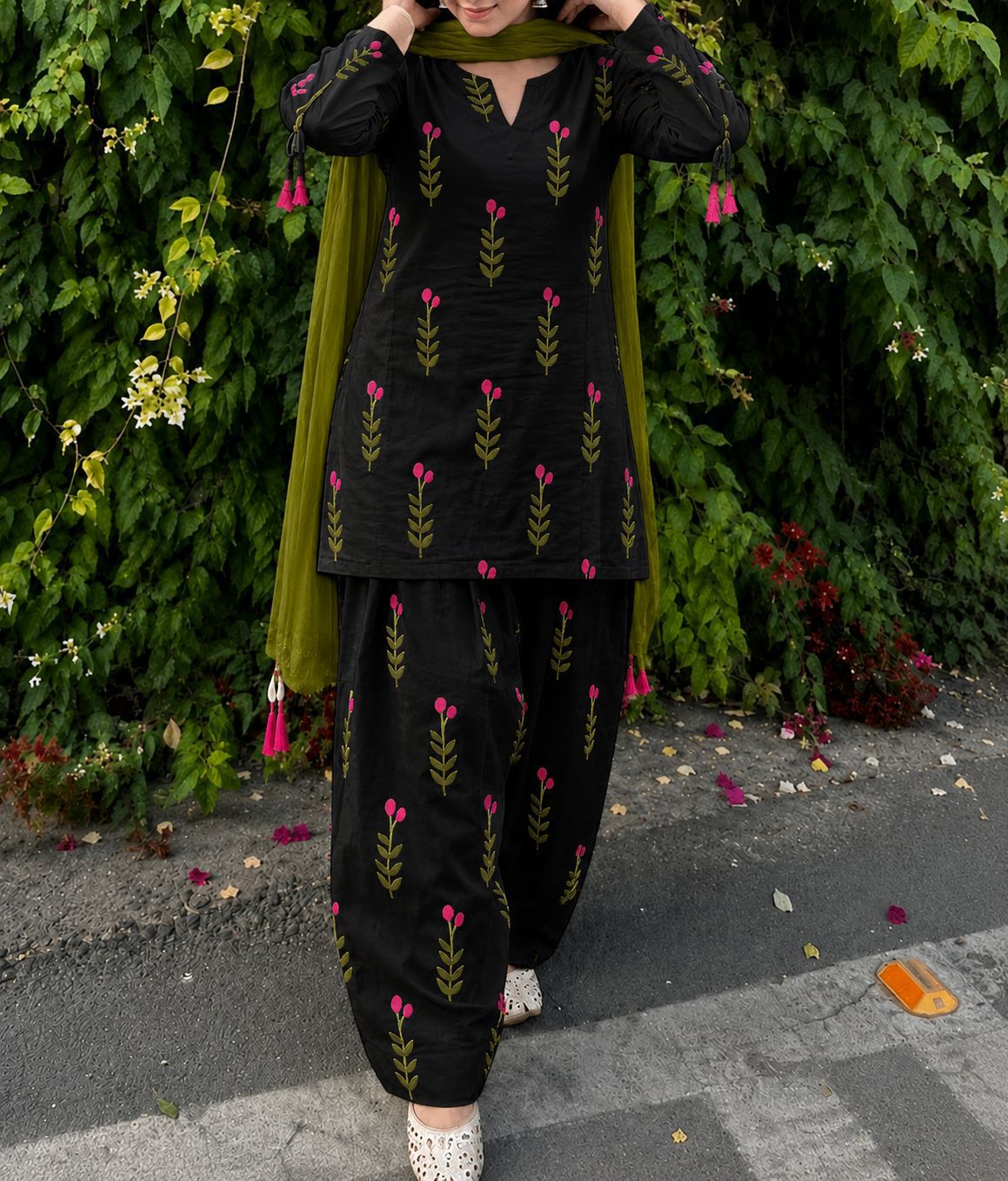 Premium Black Green Leaf kurti