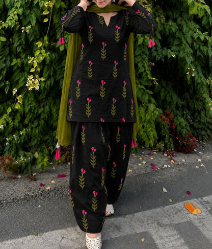 Premium Black Green Leaf kurti