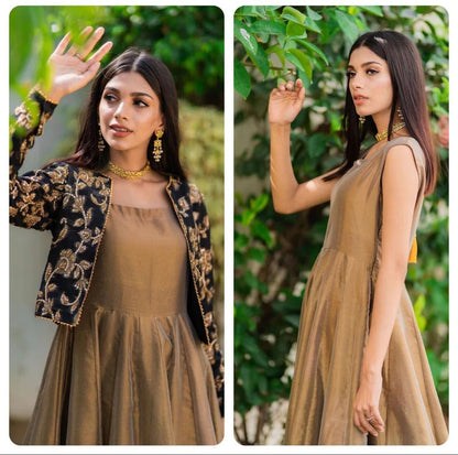 Gold Shimmer Maxi Dress with Embroidered Black Jacket