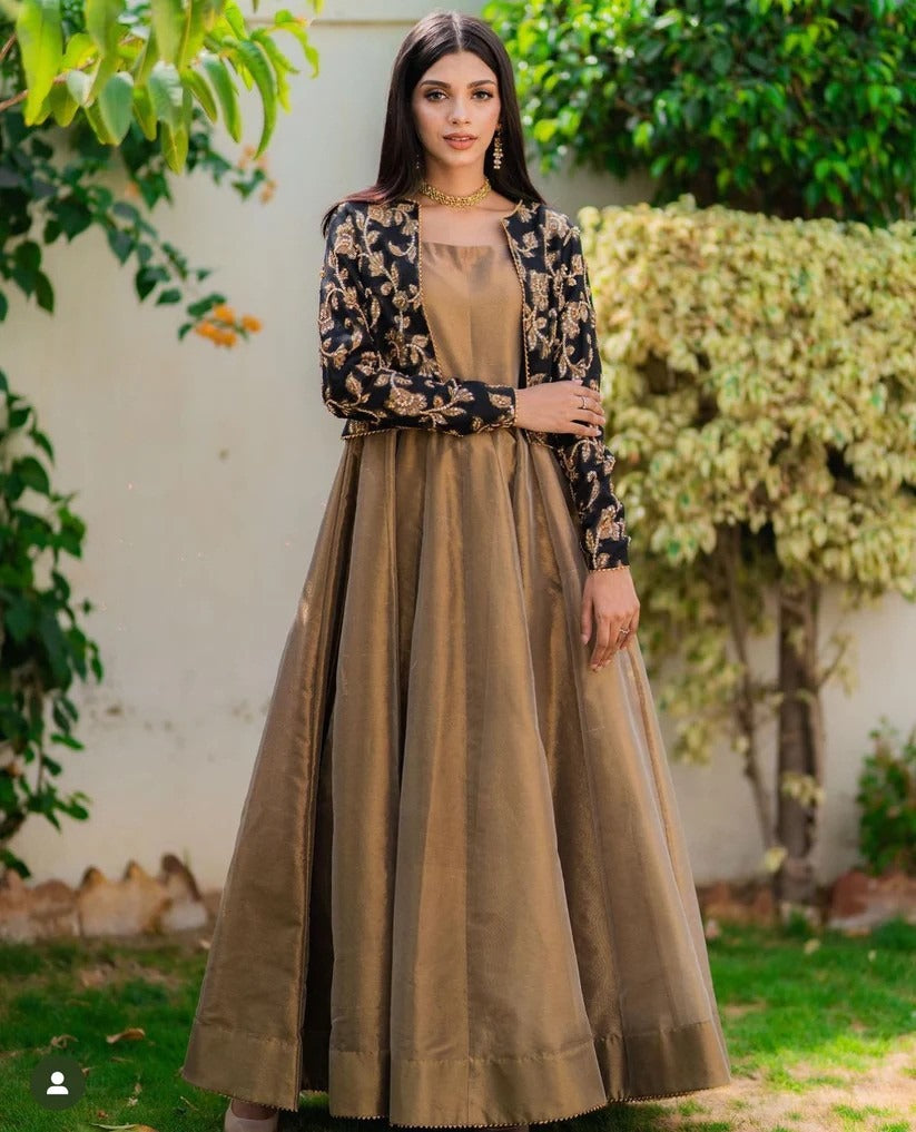 Gold Shimmer Maxi Dress with Embroidered Black Jacket