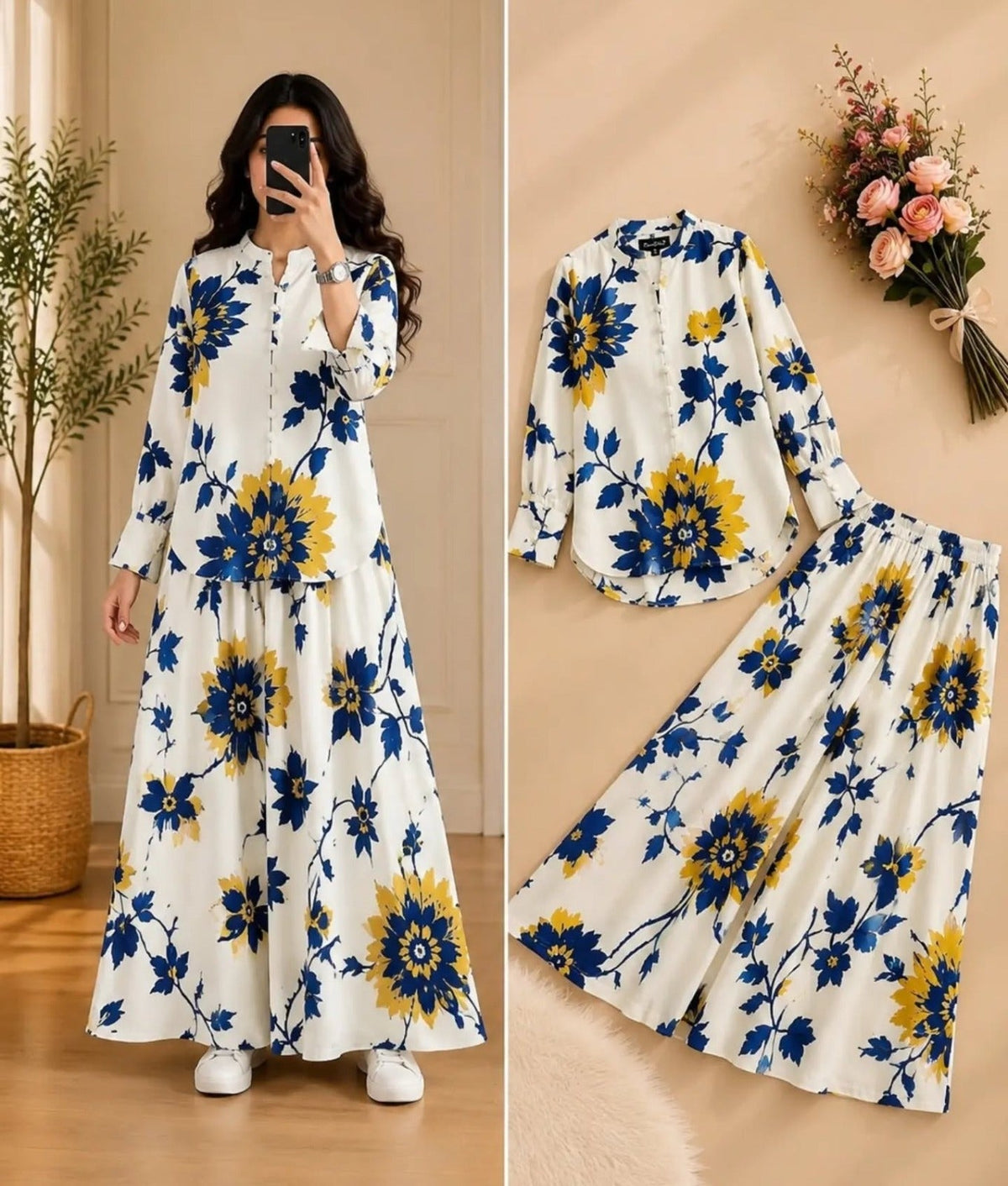 Floral Print Co-Ord Set with Long Tunic & Wide-Leg Pants