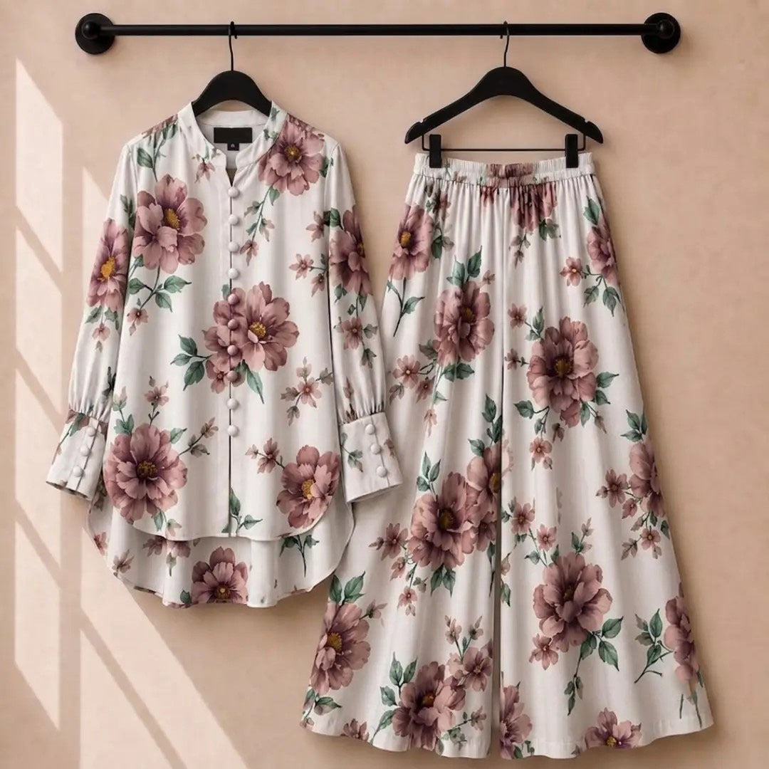 Floral Print Co-Ord Set with Long Tunic & Wide-Leg Pants