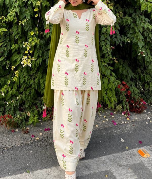 Premium White Green Leaf kurti