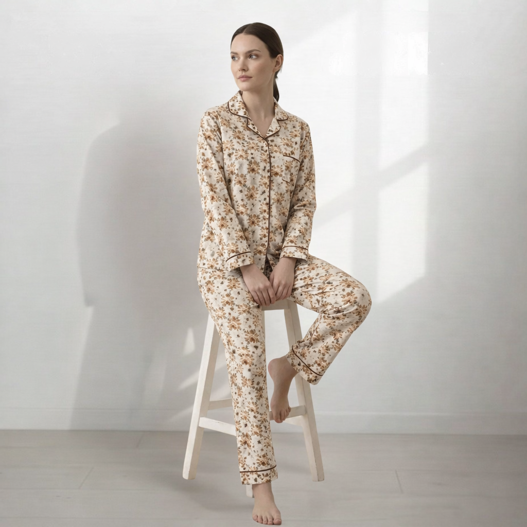 Digital Printed  Night Suit - PNS-014 Black Brown flower