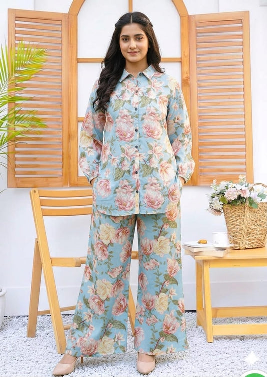 Linen Night wear  sky blue skin flower