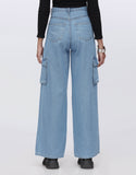 High Rise Wide Leg Flap Pocket Cargo Jeans Mid Wash