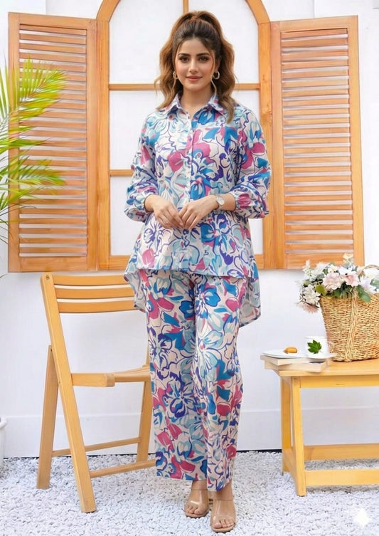 Linen Night wear  sea blue printed